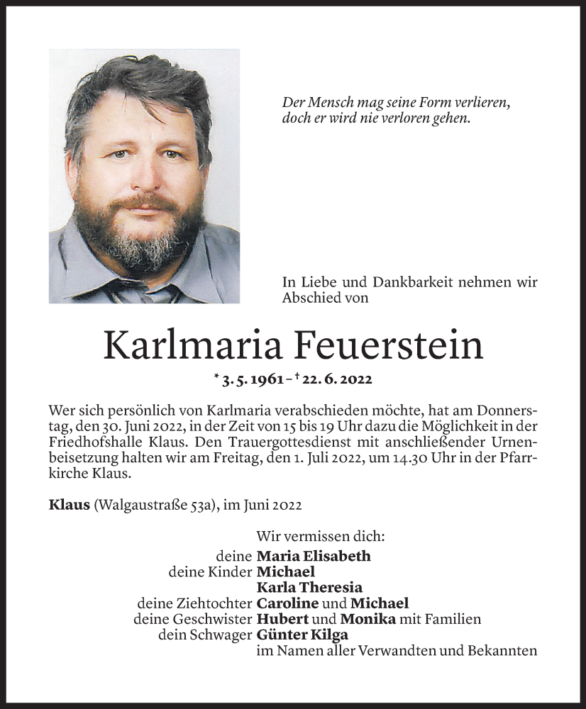  Todesanzeige für Karlmaria Feuerstein vom 28.06.2022 aus Vorarlberger Nachrichten