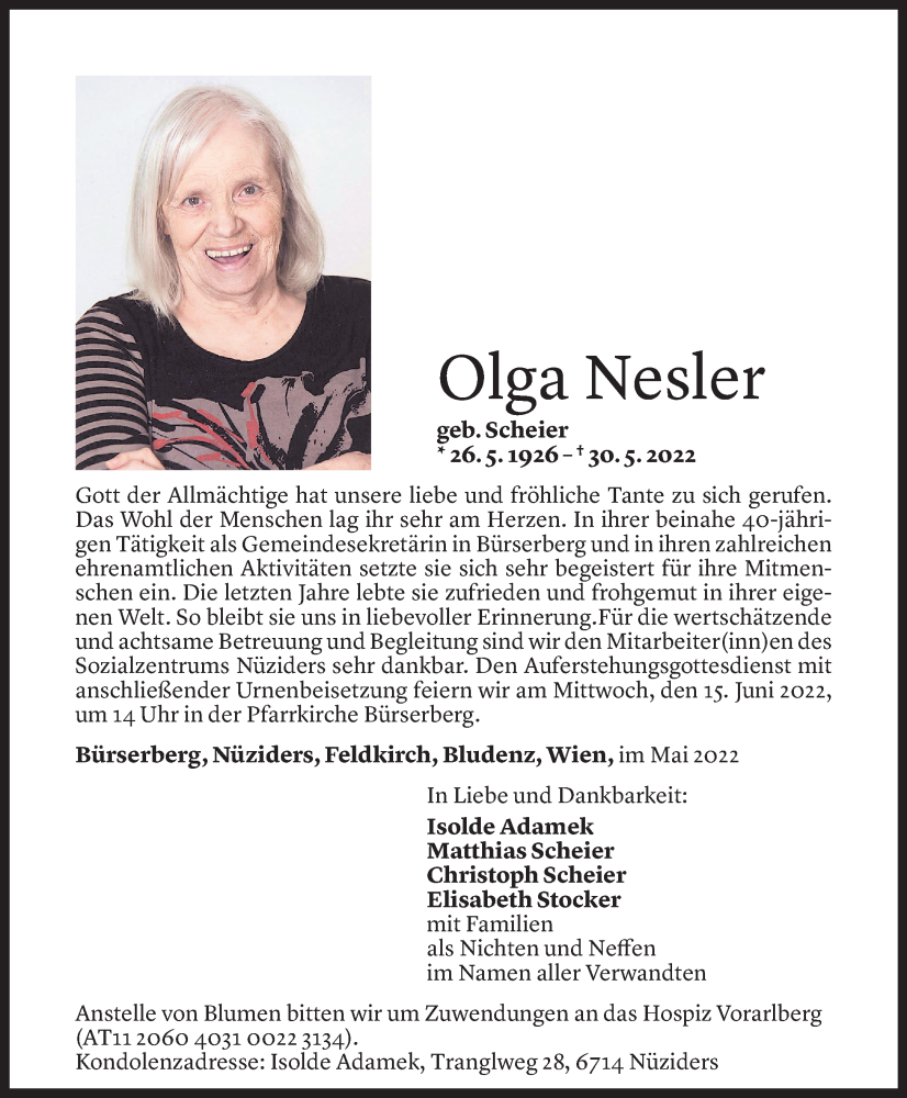  Todesanzeige für Olga Nesler vom 11.06.2022 aus Vorarlberger Nachrichten