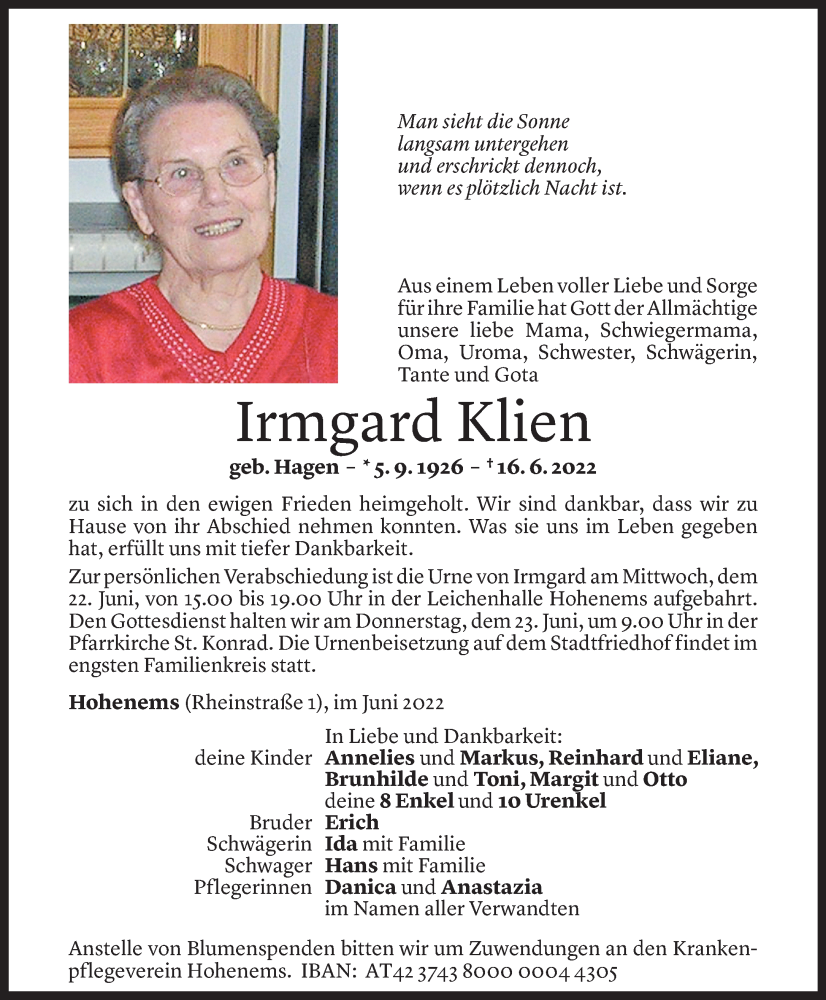  Todesanzeige für Irmgard Klien vom 21.06.2022 aus Vorarlberger Nachrichten