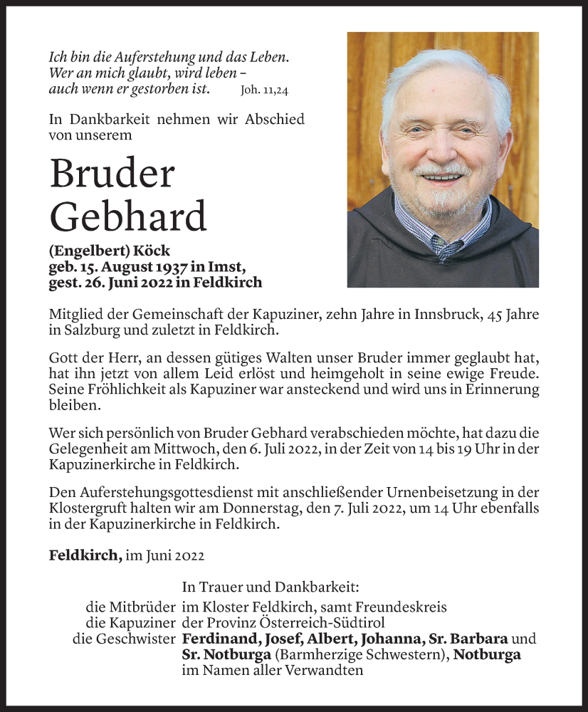  Todesanzeige für Engelbert Köck vom 02.07.2022 aus Vorarlberger Nachrichten