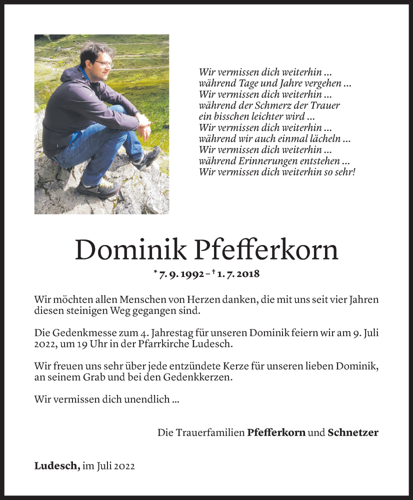  Todesanzeige für Dominik Pfefferkorn vom 30.06.2022 aus Vorarlberger Nachrichten