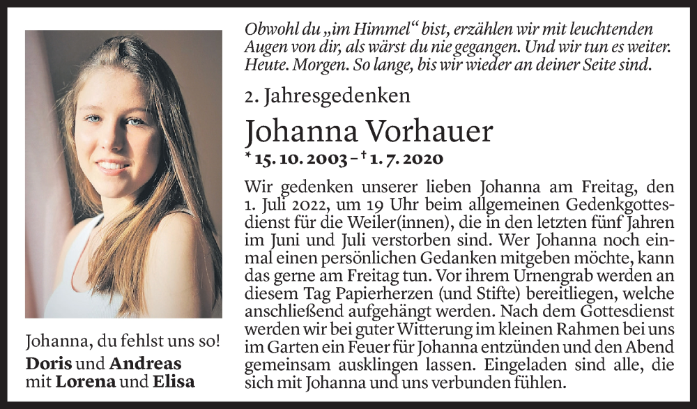  Todesanzeige für Johanna Sonja Vorhauer vom 24.06.2022 aus Vorarlberger Nachrichten