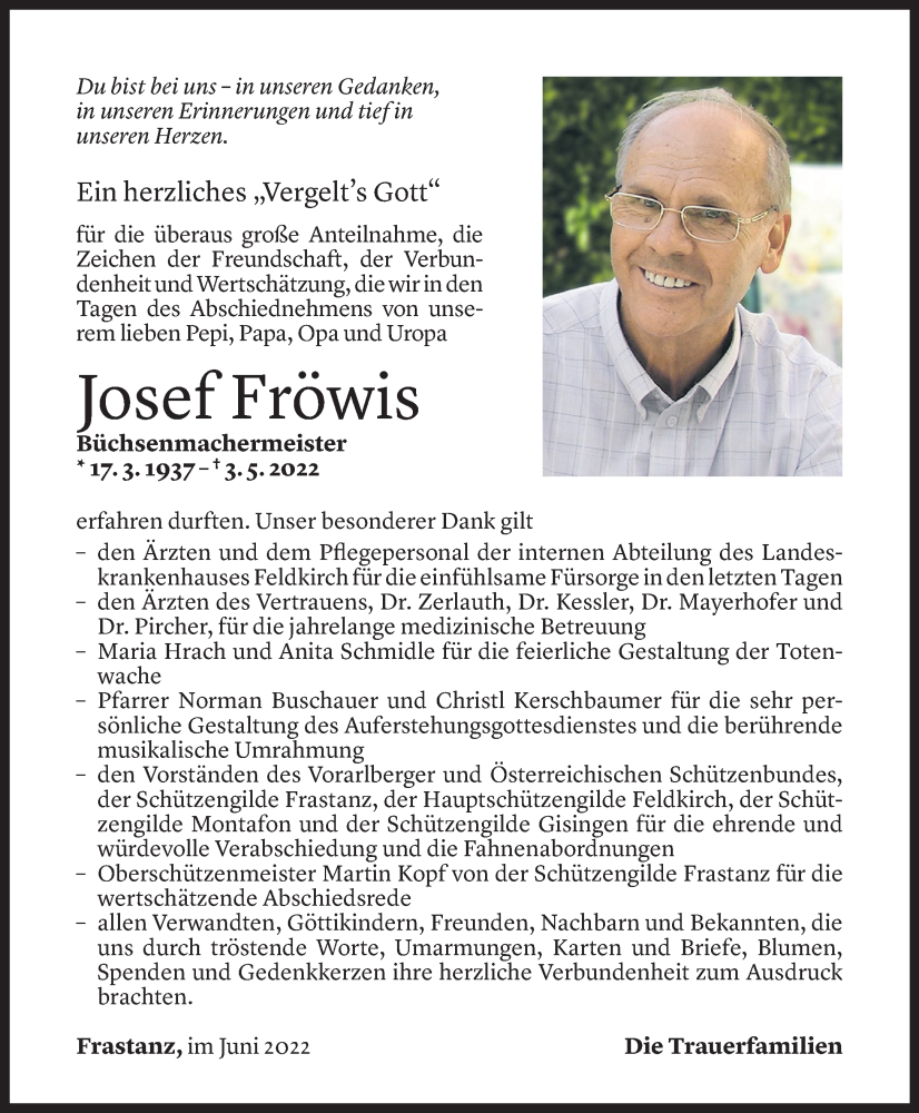  Todesanzeige für Josef Fröwis vom 10.06.2022 aus Vorarlberger Nachrichten