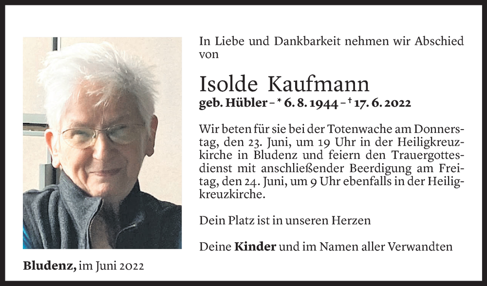  Todesanzeige für Isolde Kaufmann vom 22.06.2022 aus Vorarlberger Nachrichten
