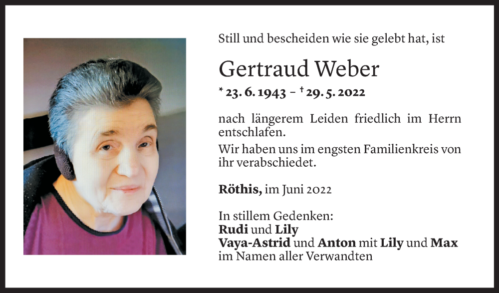  Todesanzeige für Gertraud Weber vom 15.06.2022 aus Vorarlberger Nachrichten