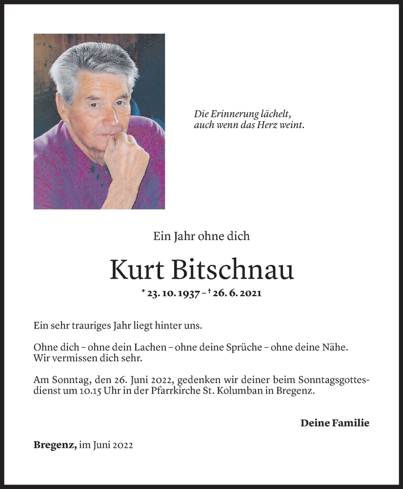  Todesanzeige für Kurt Bitschnau vom 24.06.2022 aus Vorarlberger Nachrichten