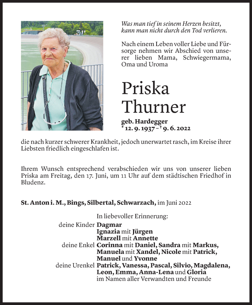  Todesanzeige für Priska Thurner vom 15.06.2022 aus Vorarlberger Nachrichten