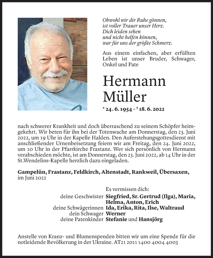 Todesanzeige für Hermann Müller vom 22.06.2022 aus Vorarlberger Nachrichten