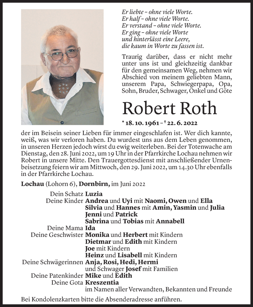  Todesanzeige für Robert Roth vom 24.06.2022 aus Vorarlberger Nachrichten