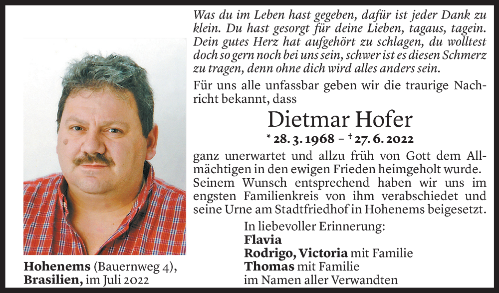  Todesanzeige für Dietmar Hofer vom 04.07.2022 aus Vorarlberger Nachrichten