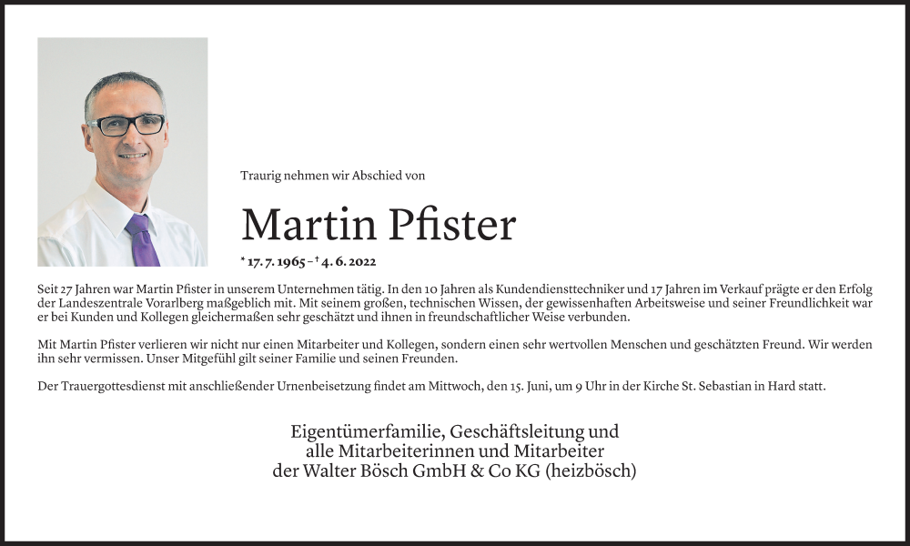  Todesanzeige für Martin Pfister vom 10.06.2022 aus Vorarlberger Nachrichten