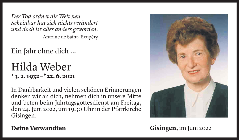  Todesanzeige für Hilda Weber vom 22.06.2022 aus Vorarlberger Nachrichten