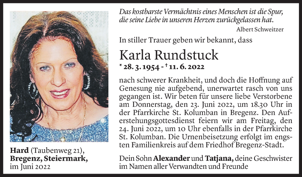  Todesanzeige für Karla Rundstuck vom 22.06.2022 aus Vorarlberger Nachrichten