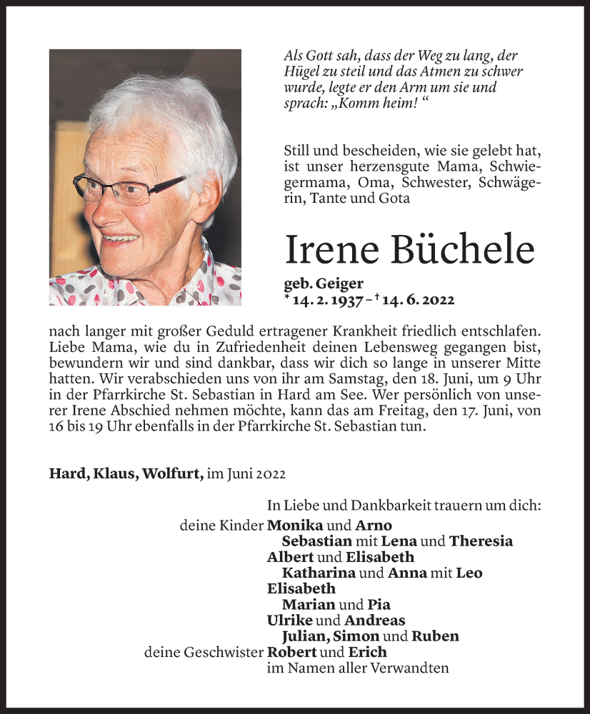  Todesanzeige für Irene Büchele vom 15.06.2022 aus Vorarlberger Nachrichten