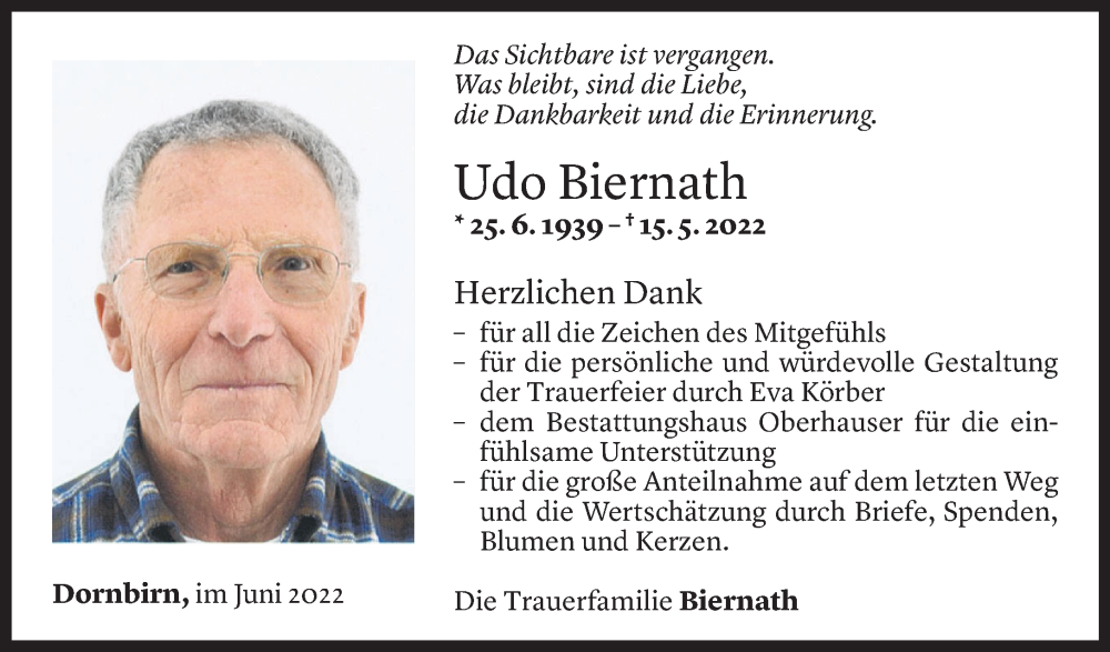  Todesanzeige für Udo Biernath vom 16.06.2022 aus Vorarlberger Nachrichten
