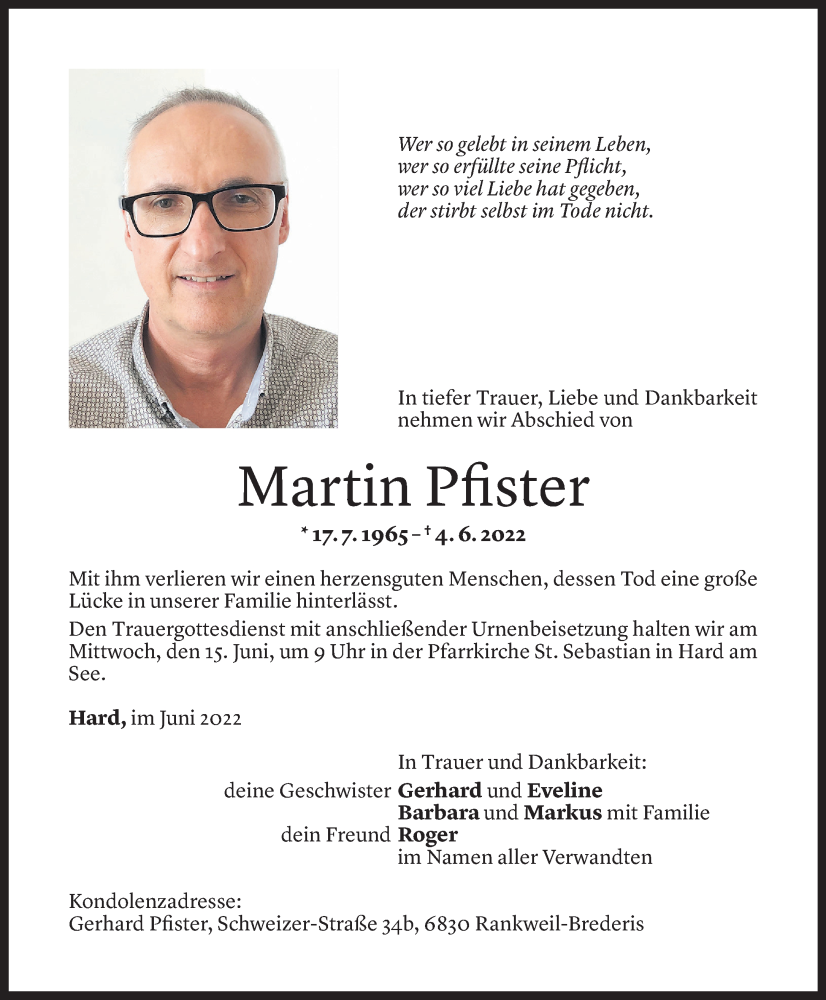  Todesanzeige für Martin Pfister vom 11.06.2022 aus Vorarlberger Nachrichten