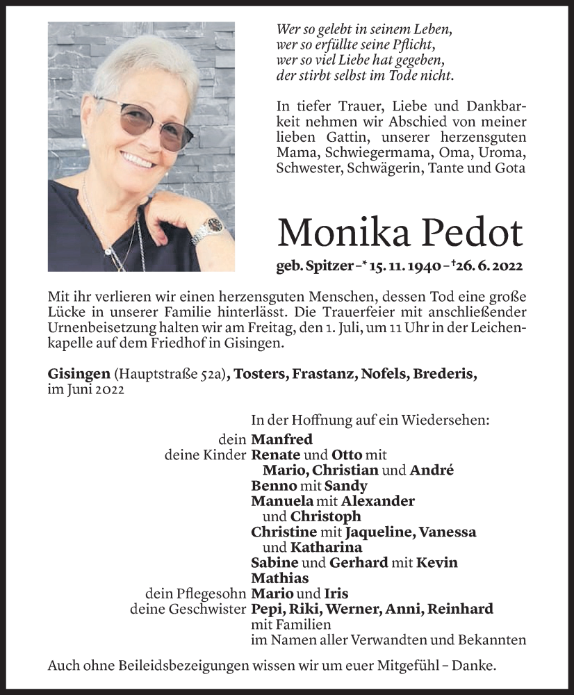  Todesanzeige für Monika Pedot vom 29.06.2022 aus Vorarlberger Nachrichten