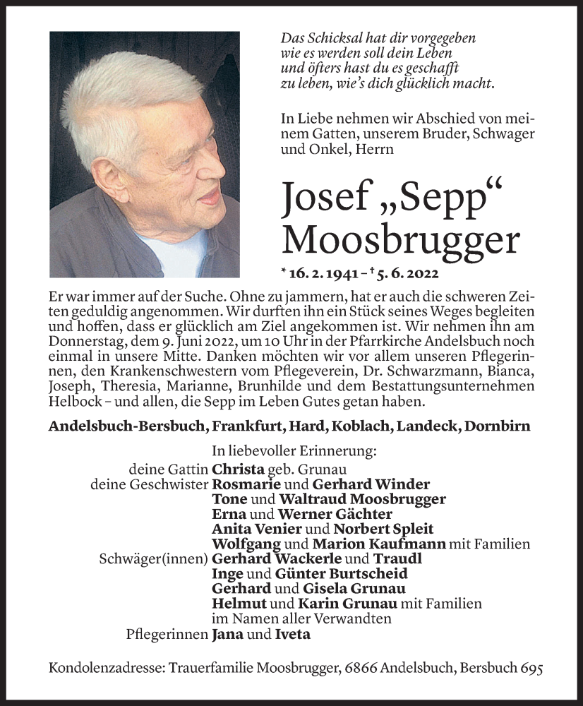  Todesanzeige für Josef Moosbrugger vom 07.06.2022 aus Vorarlberger Nachrichten