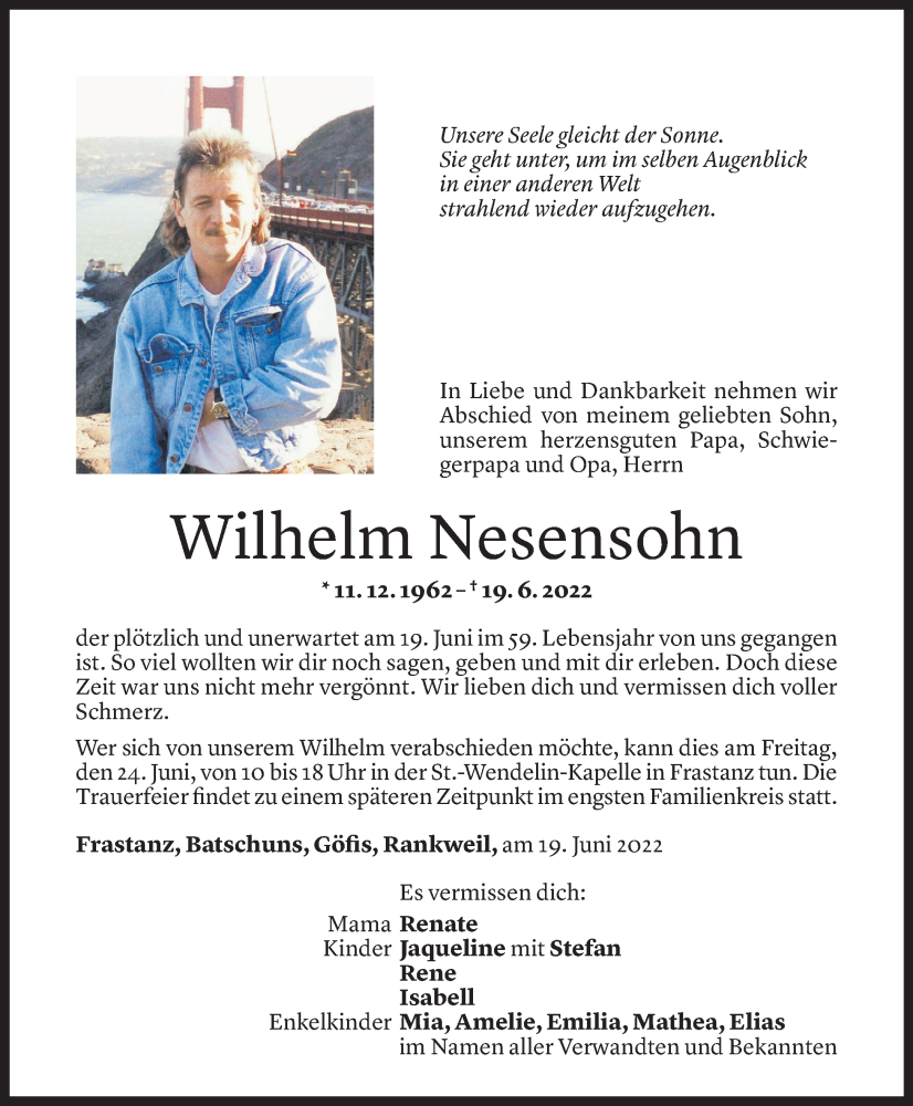  Todesanzeige für Wilhelm Nesensohn vom 21.06.2022 aus Vorarlberger Nachrichten