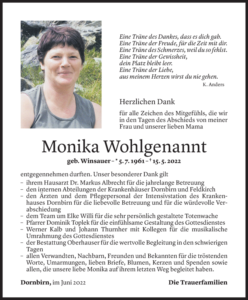  Todesanzeige für Monika Wohlgenannt vom 09.06.2022 aus Vorarlberger Nachrichten