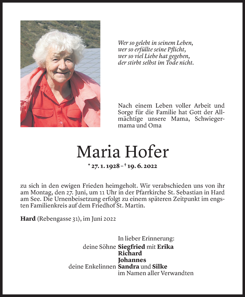  Todesanzeige für Maria Hofer vom 22.06.2022 aus Vorarlberger Nachrichten