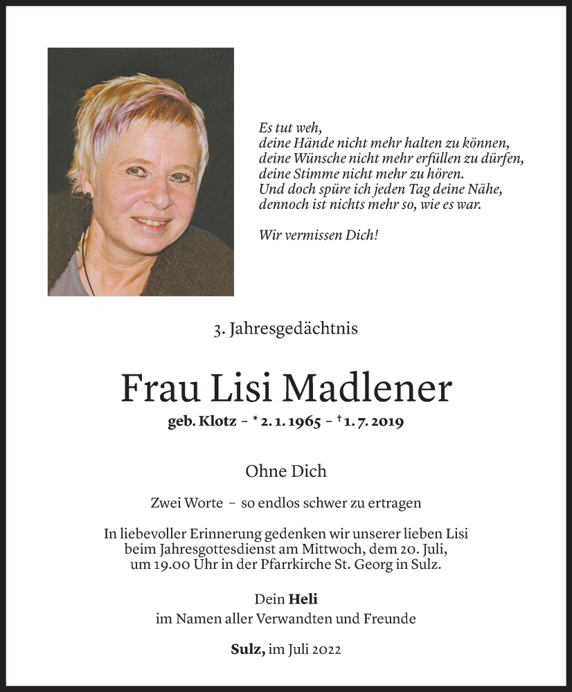  Todesanzeige für Elisabeth Madlener vom 01.07.2022 aus Vorarlberger Nachrichten