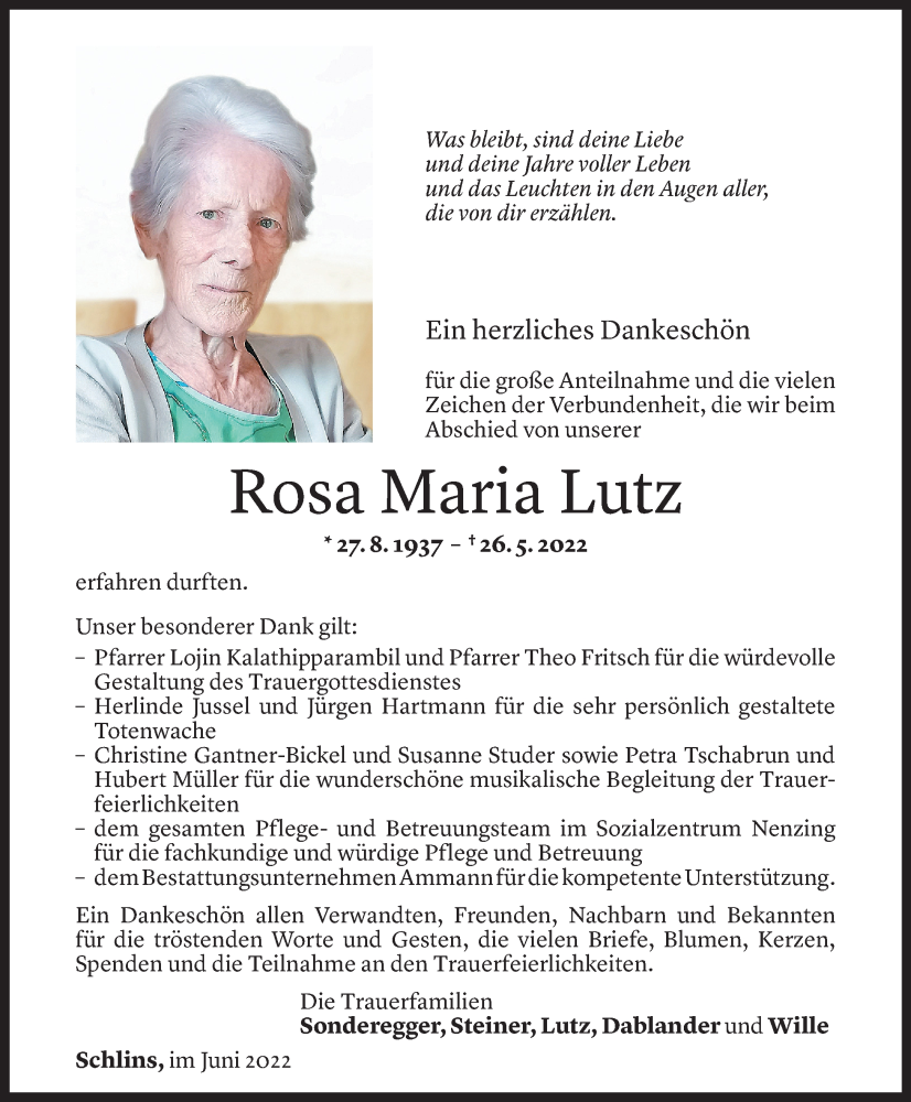  Todesanzeige für Rosa Maria Lutz vom 29.06.2022 aus Vorarlberger Nachrichten