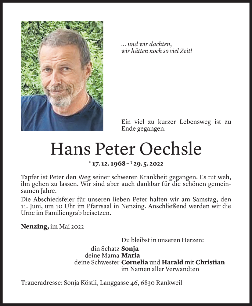  Todesanzeige für Hans Peter Oechsle vom 06.06.2022 aus Vorarlberger Nachrichten