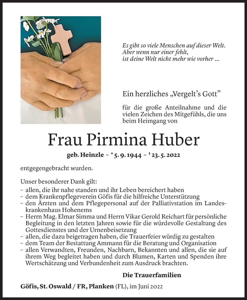  Todesanzeige für Pirmina Huber vom 28.06.2022 aus Vorarlberger Nachrichten