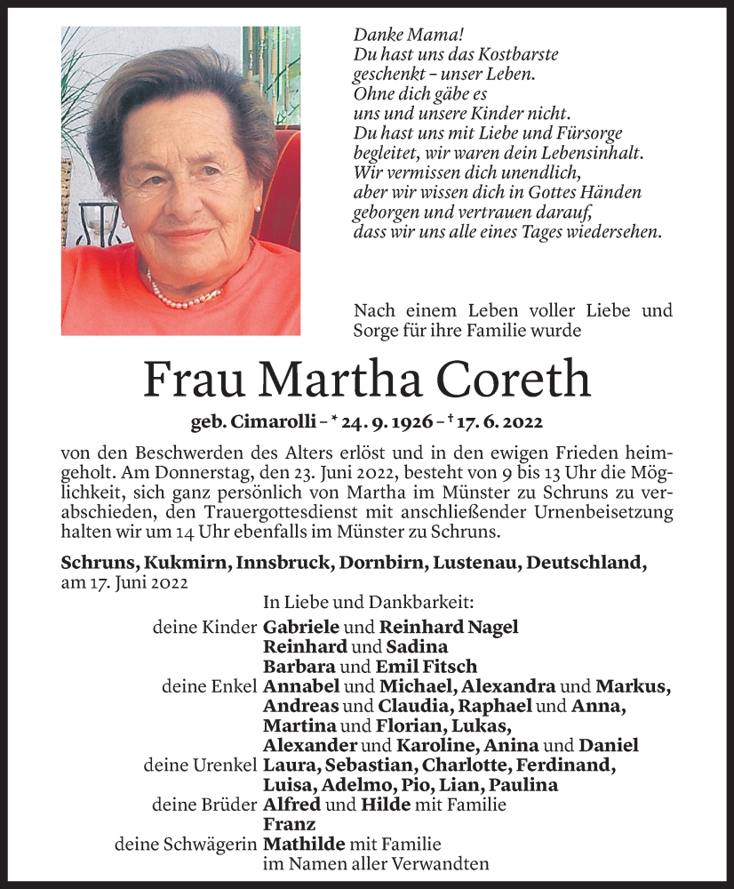  Todesanzeige für Martha Coreth vom 19.06.2022 aus Vorarlberger Nachrichten