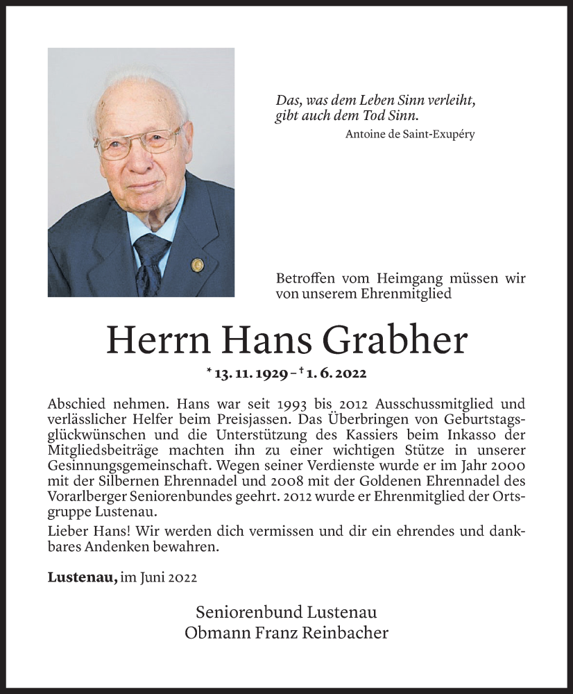  Todesanzeige für Hans Grabher vom 02.06.2022 aus Vorarlberger Nachrichten
