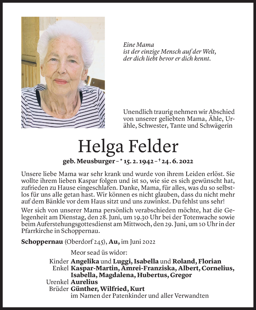  Todesanzeige für Helga Felder vom 26.06.2022 aus Vorarlberger Nachrichten
