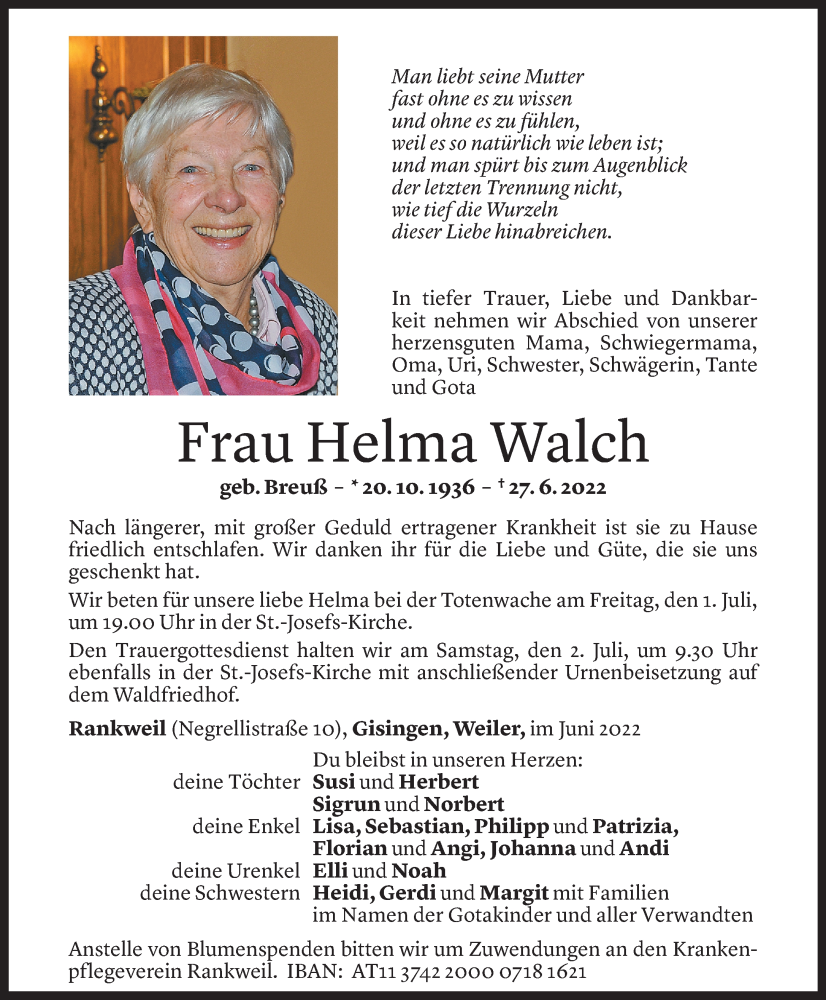  Todesanzeige für Helma Walch vom 29.06.2022 aus Vorarlberger Nachrichten