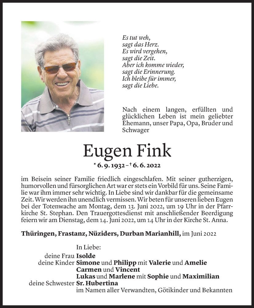  Todesanzeige für Eugen FInk vom 10.06.2022 aus Vorarlberger Nachrichten
