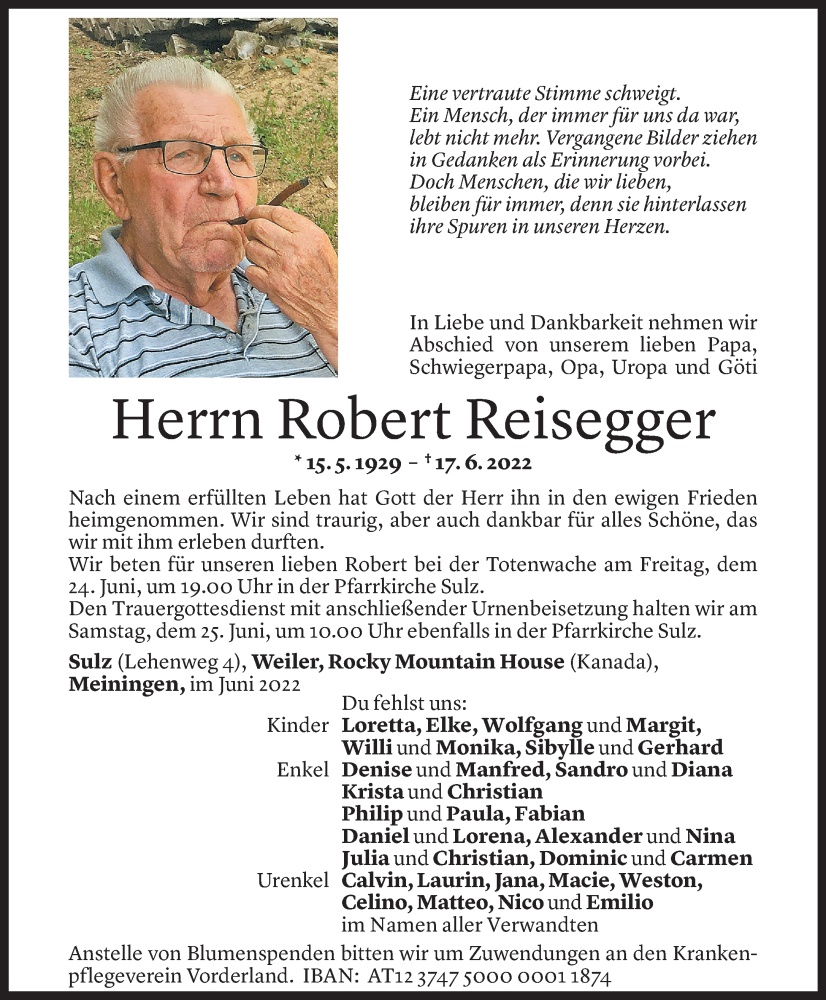  Todesanzeige für Robert Reisegger vom 22.06.2022 aus Vorarlberger Nachrichten