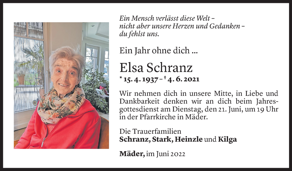  Todesanzeige für Elsa Schranz vom 18.06.2022 aus Vorarlberger Nachrichten