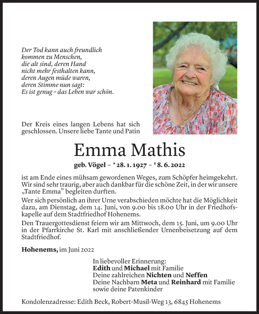  Todesanzeige für Emma Mathis vom 11.06.2022 aus Vorarlberger Nachrichten