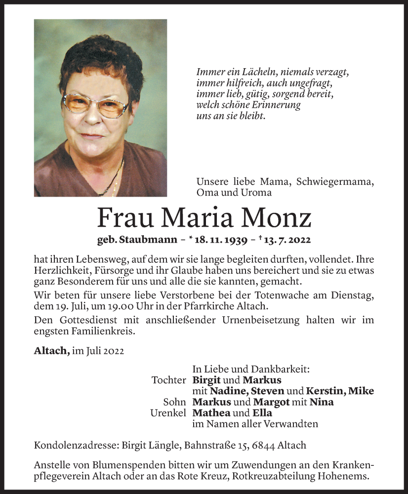  Todesanzeige für Maria Monz vom 16.07.2022 aus Vorarlberger Nachrichten