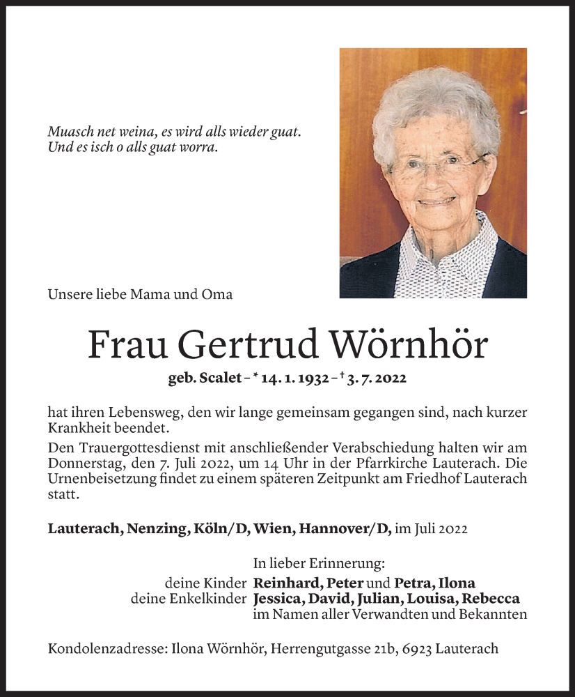  Todesanzeige für Gertrud Wörnhör vom 04.07.2022 aus Vorarlberger Nachrichten