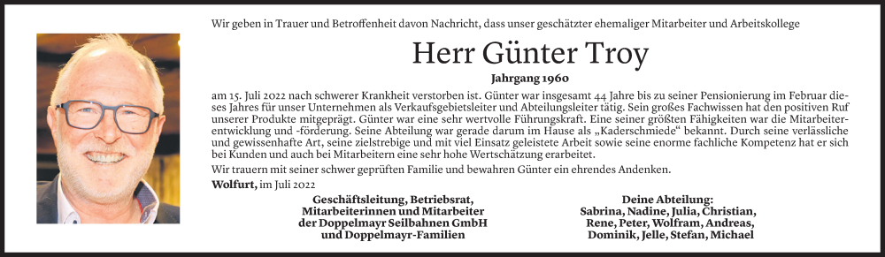  Todesanzeige für Günter Troy vom 18.07.2022 aus Vorarlberger Nachrichten