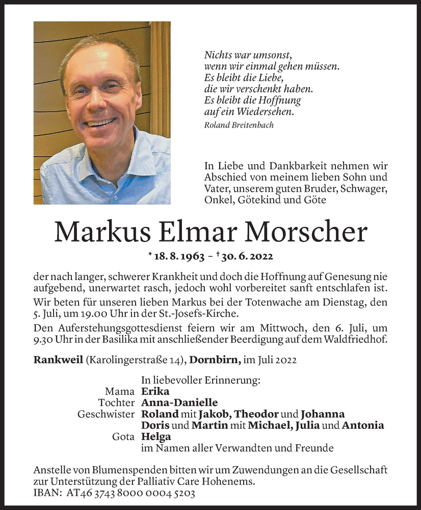  Todesanzeige für Markus Elmar Morscher vom 02.07.2022 aus Vorarlberger Nachrichten