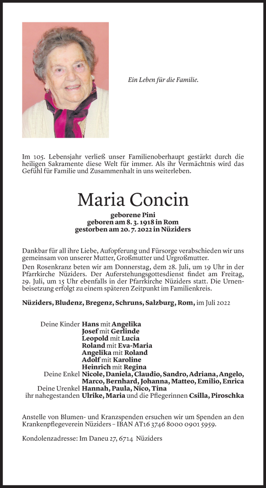  Todesanzeige für Maria Concin vom 26.07.2022 aus Vorarlberger Nachrichten