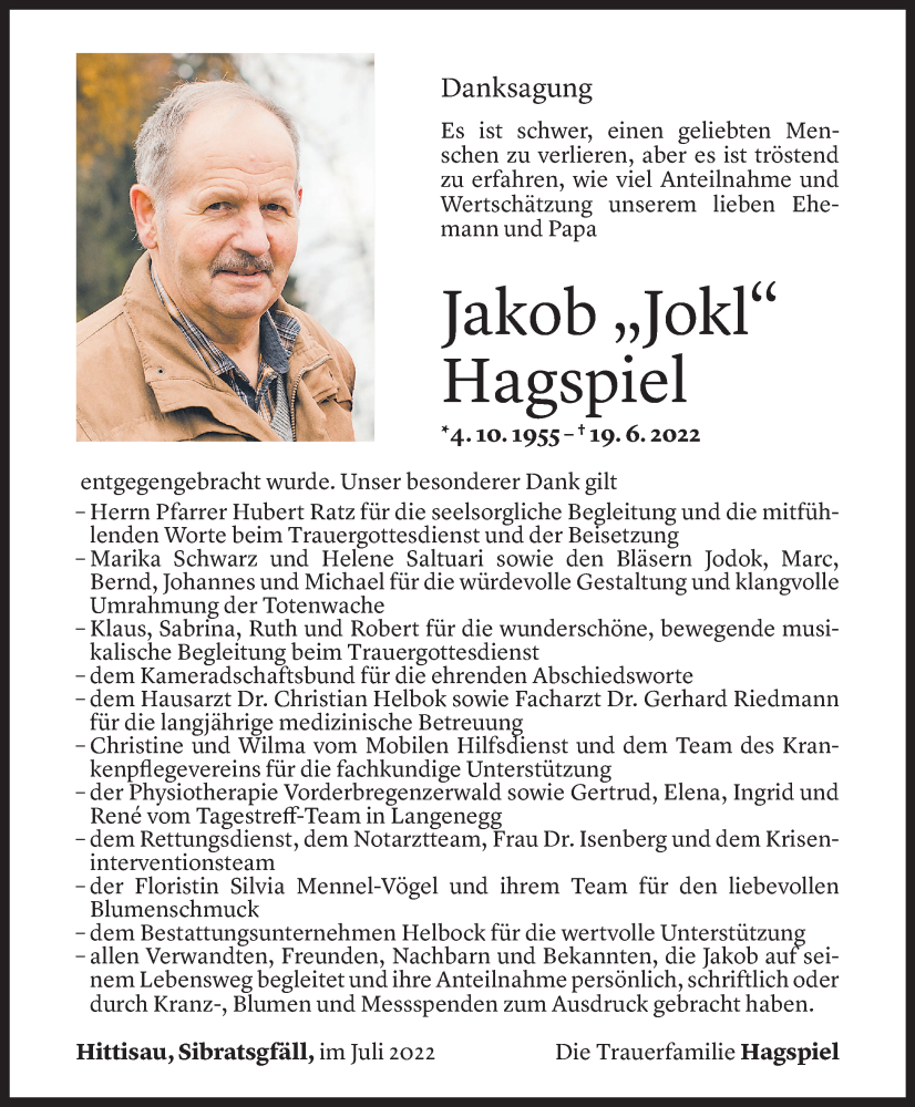  Todesanzeige für Jakob Hagspiel vom 06.07.2022 aus Vorarlberger Nachrichten