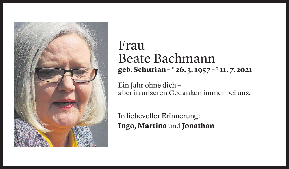  Todesanzeige für Beate Bachmann vom 13.07.2022 aus Vorarlberger Nachrichten