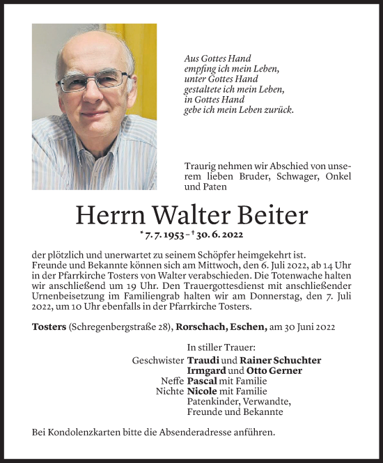 Todesanzeige von Walter Beiter von Vorarlberger Nachrichten