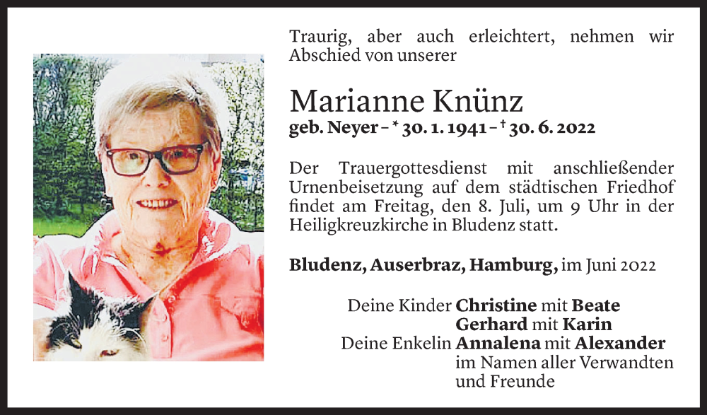  Todesanzeige für Marianne Knünz vom 06.07.2022 aus Vorarlberger Nachrichten