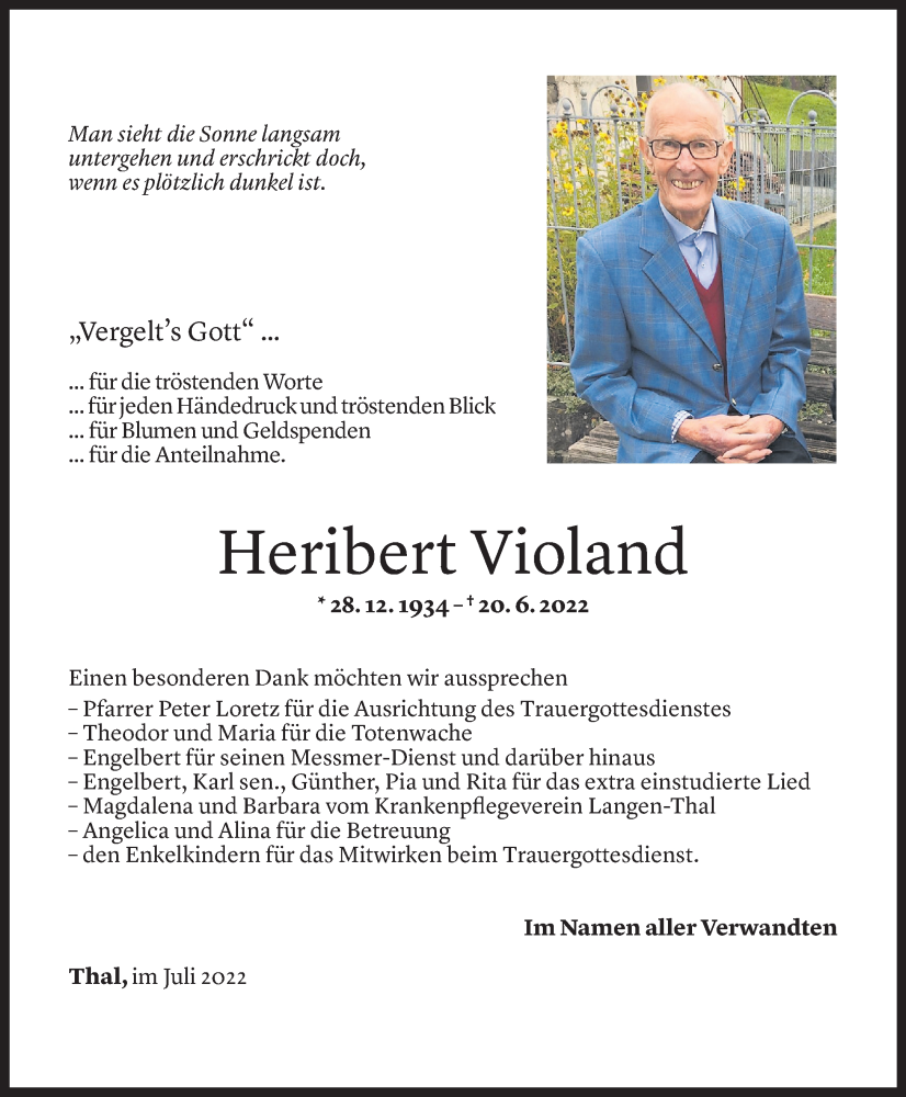  Todesanzeige für Heribert Violand vom 05.07.2022 aus Vorarlberger Nachrichten