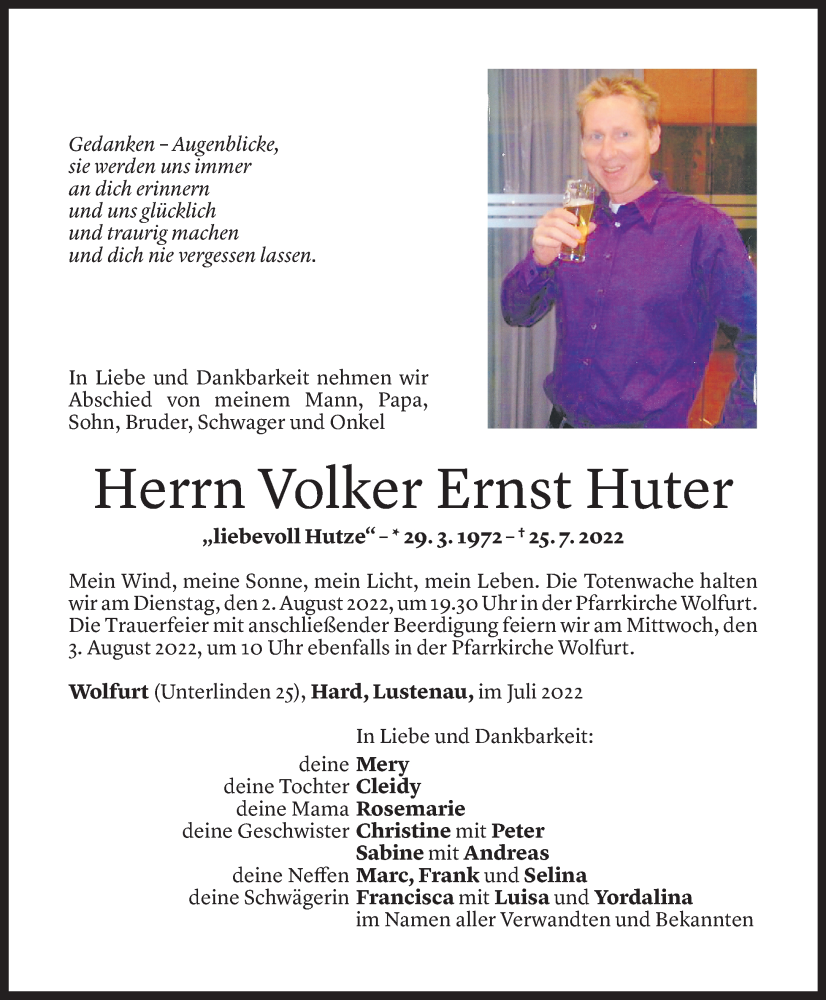  Todesanzeige für Volker Huter vom 29.07.2022 aus Vorarlberger Nachrichten