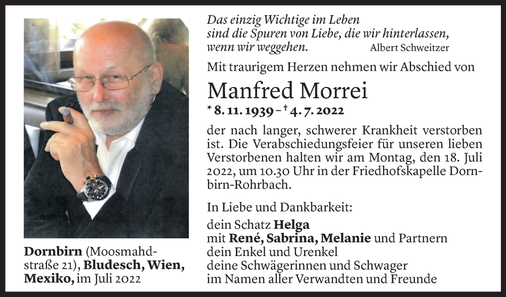 Todesanzeigen von Manfred Morrei | Todesanzeigen Vorarlberger Nachrichten