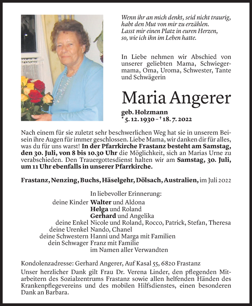  Todesanzeige für Maria Angerer vom 25.07.2022 aus Vorarlberger Nachrichten